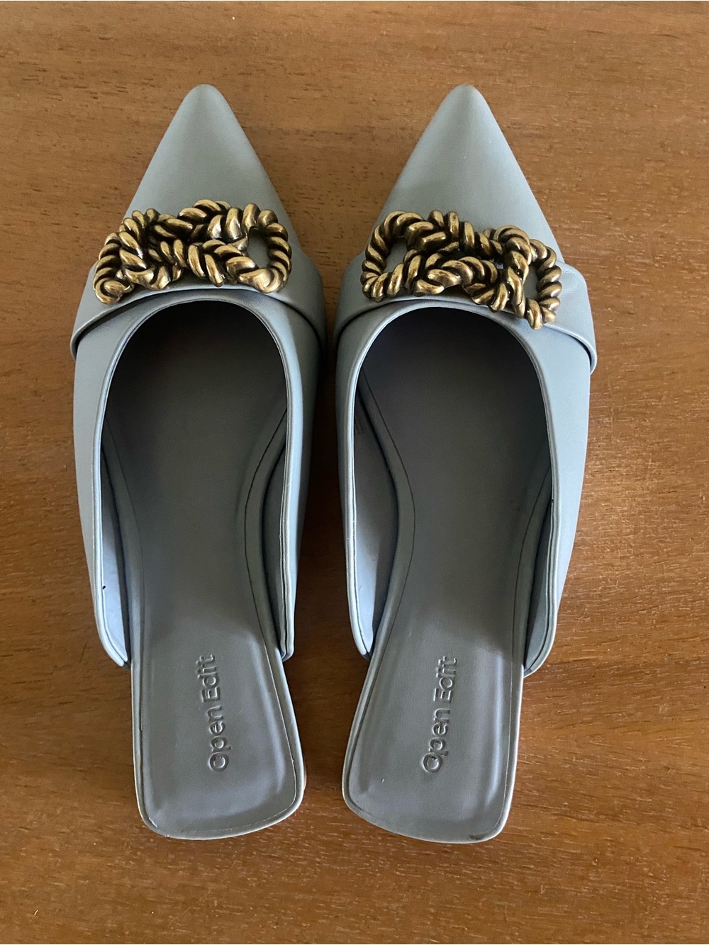 Light Blue Pointed Toe Slide with Gold Chain Accent - Picture 2 of 3